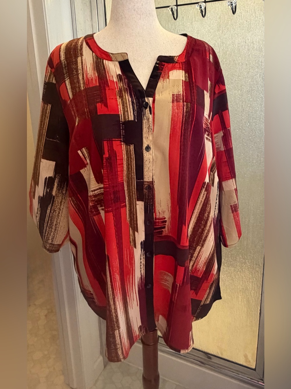 Catherines Red, Black and Cream Abstract Brushstroke Tunic Blouse 1X $20